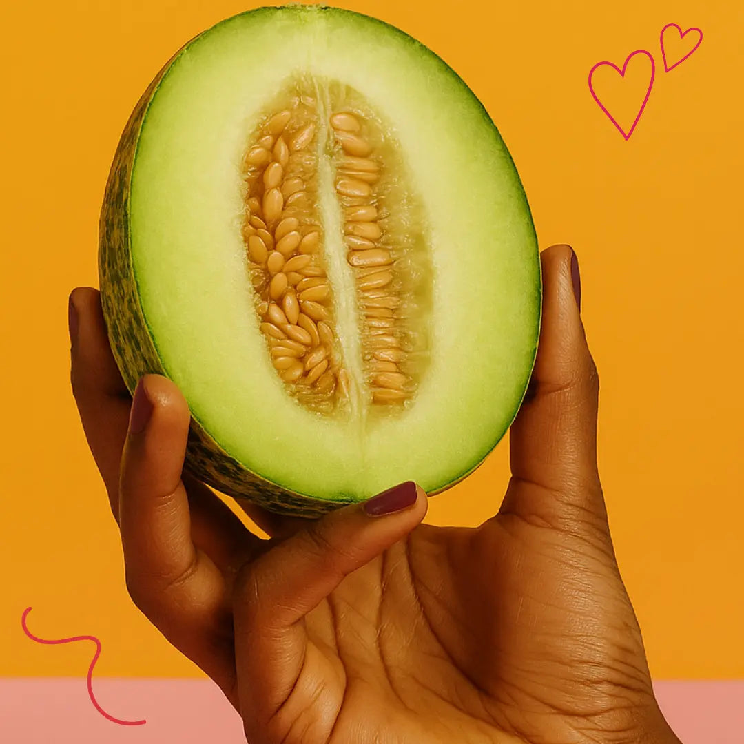 Main tenant un melon du Kalahari, ingrédient utilisé pour hydrater et nourrir les cheveux crépus, bouclés et locksés.