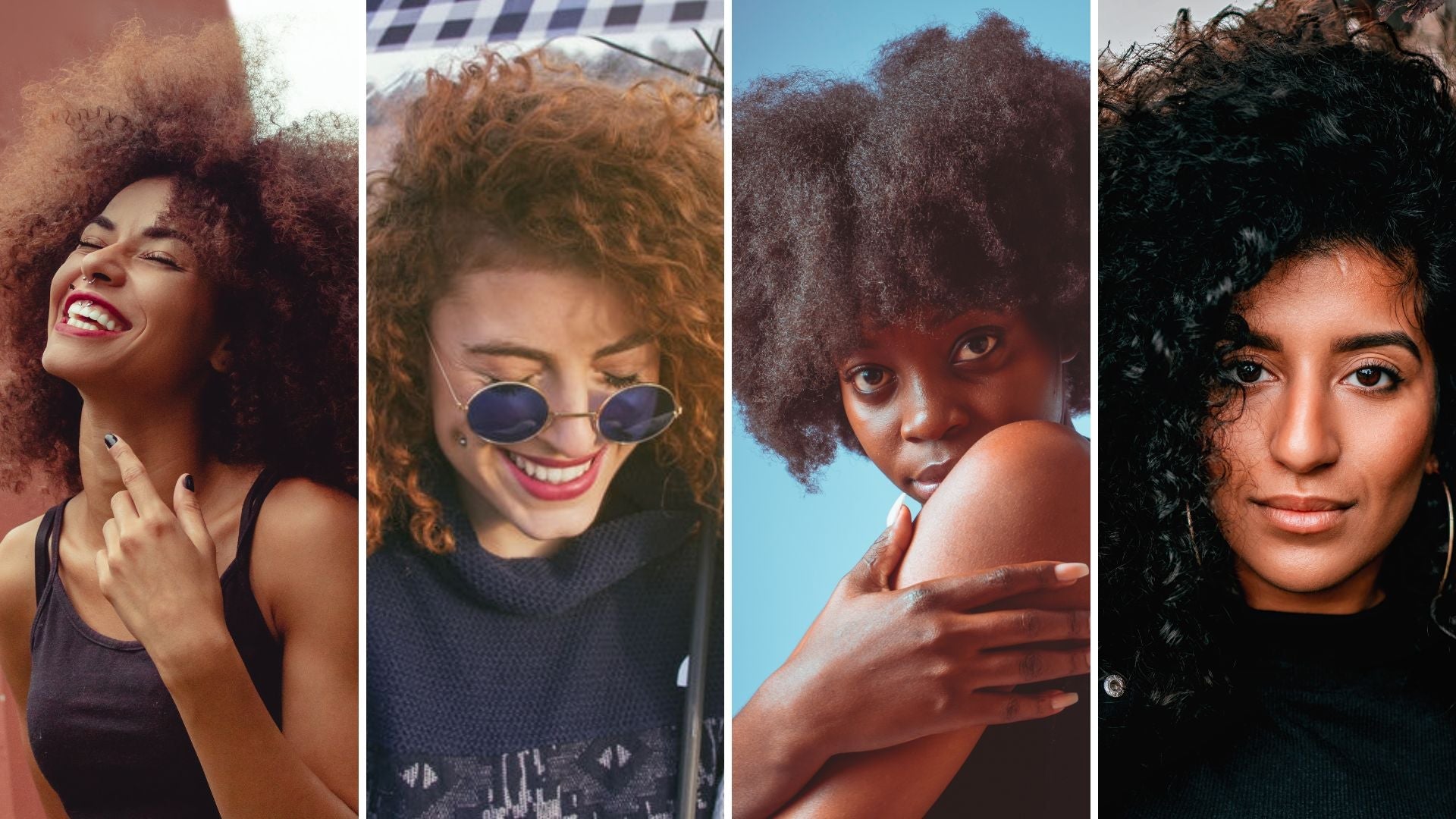 Portraits de 4 jeunes femmes d'origine multiethnique. une femme noire aux cheveux crépus une femme hispanique aux cheveux bouclés, une femme métisse aux cheveux frisés, une femme arabe aux cheveux bouclés noirs