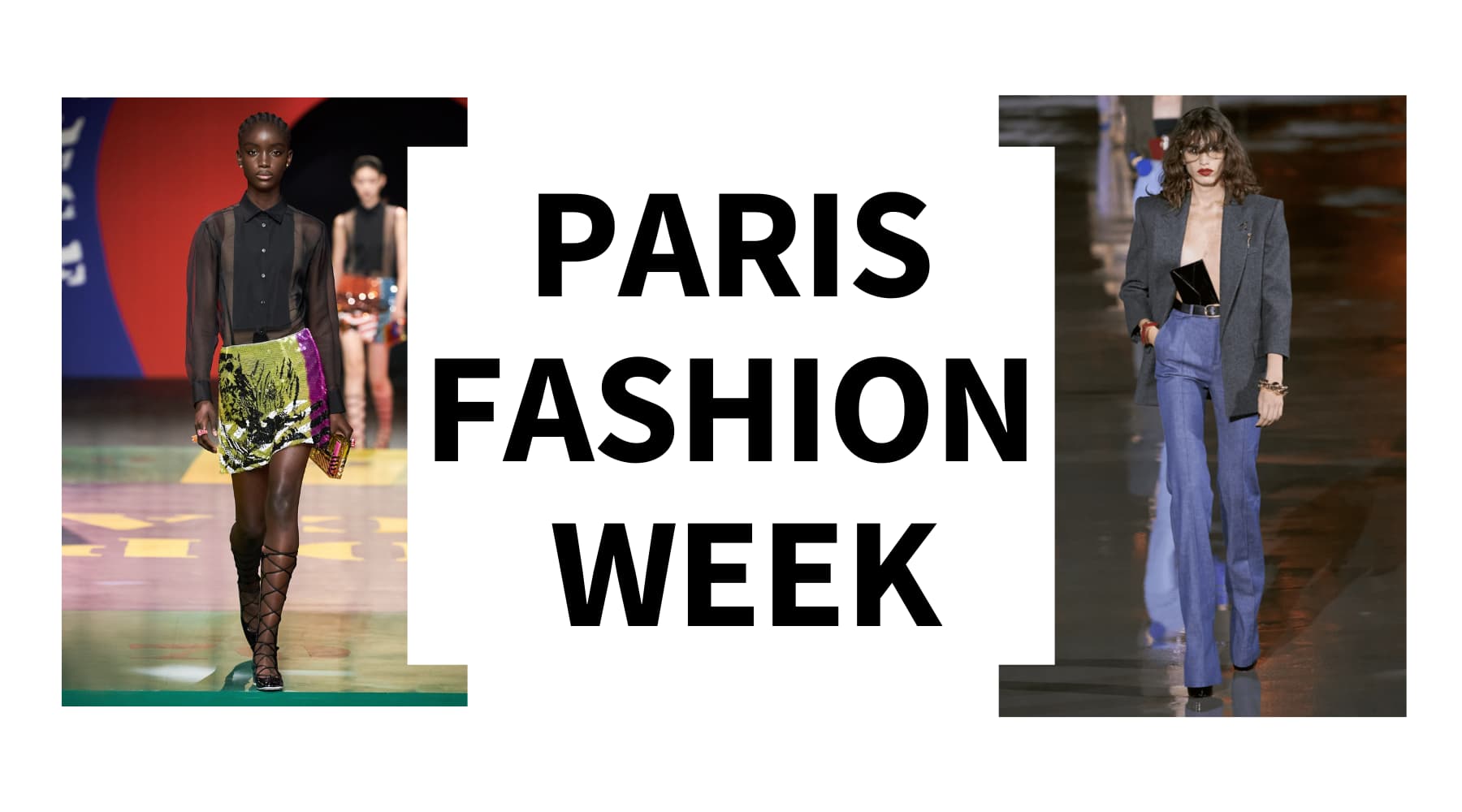 2 mannequins lors de la Paris Fashion Week 2021 à droite mannequin africaine portant des nattes collées au défilé Dior à gauche mannequin caucasienne aux cheveux ondulés lors du défilé Yves Saint Laurent